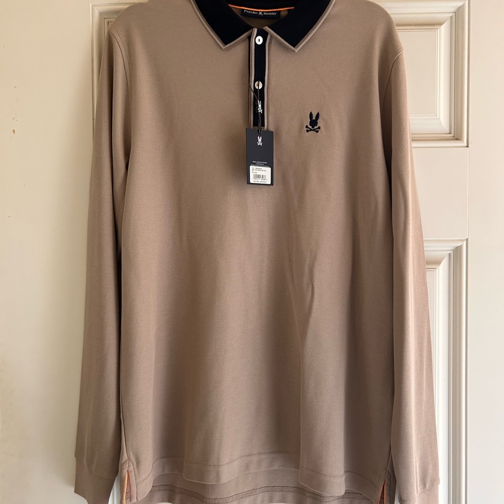 Psycho Bunny Tan and Black Long Sleeve Polo Shirt